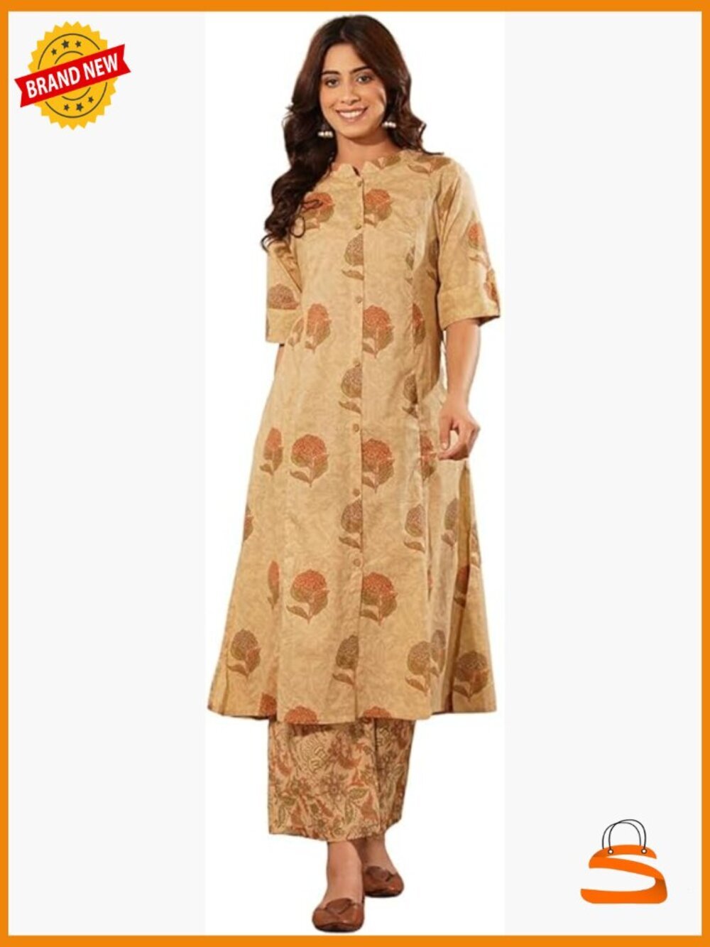 Cotton A-Line Kurta with Palazzo Pant Set | 3/4 Sleeve